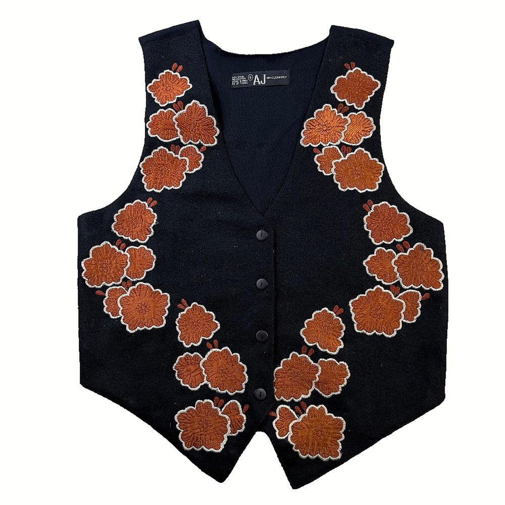 AJ Vintage Black Wool Blend Floral Embroidered Vest Women's Small